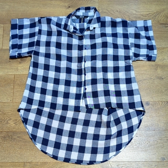 TOV Los Angeles Plaid Cut Off Hi Lo Button Up Shirt Blouse Sz 38 - Picture 1 of 10